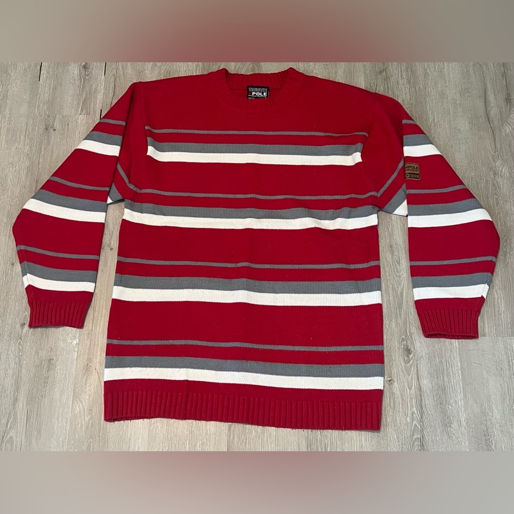 Vintage Y2K South Pole Men's Red and Gray Striped Crewneck Sweater